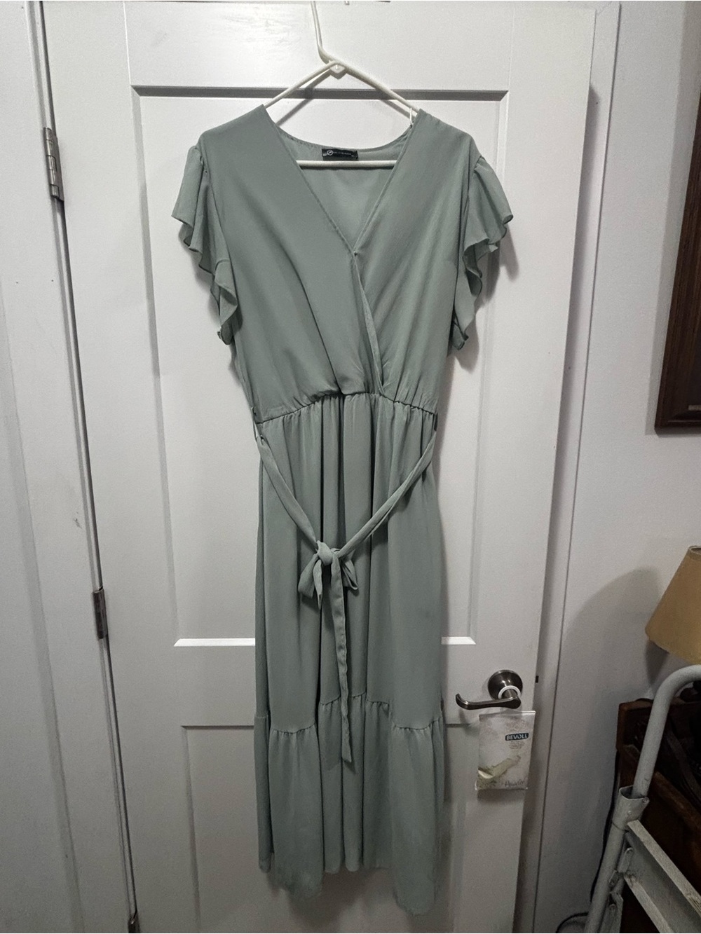 Light Sage Wrap Midi Dress with Tie Waist